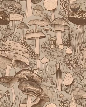 Patterns and banners backgrounds: Seamless pattern with hand drawn mushrooms. Vector illustration in vintage style.