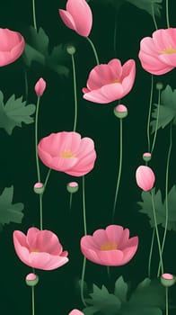 Patterns and banners backgrounds: Seamless pattern with pink poppies on dark green background