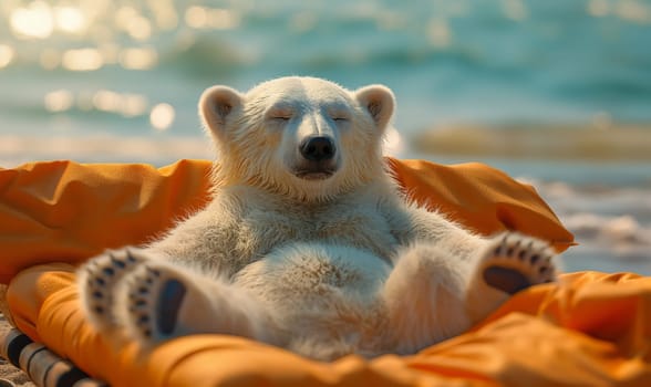 Children's illustration, a polar bear sunbathing on a sunbed. Selective soft focus.