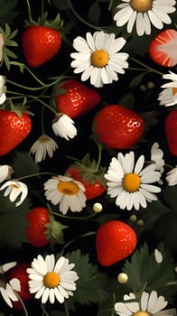 Patterns and banners backgrounds: Strawberries, daisies and leaves on a black background