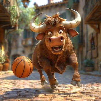 3D illustration of a bull playing basketball. Selective soft focus.