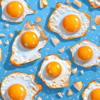 Patterns and banners backgrounds: Seamless pattern of fried eggs on a blue background. Top view.