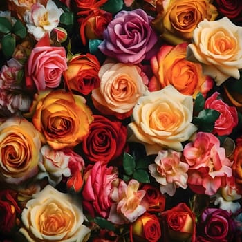 Patterns and banners backgrounds: Colorful roses background. Top view, flat lay, copy space