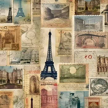 Patterns and banners backgrounds: Seamless pattern of old post stamps and eiffel tower