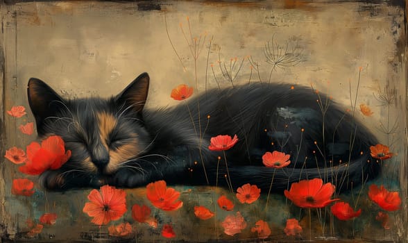 Illustration of a cat in flowers on a light background. Selective focus.