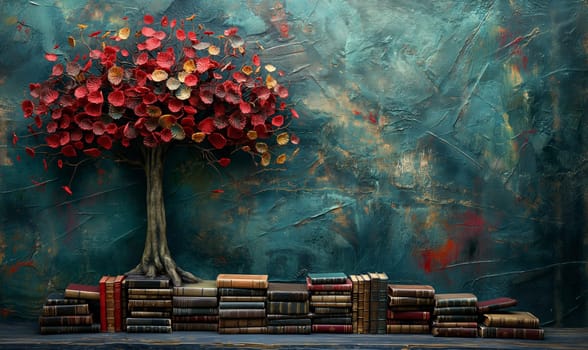 Tree with books on an abstract background. Selective focus.