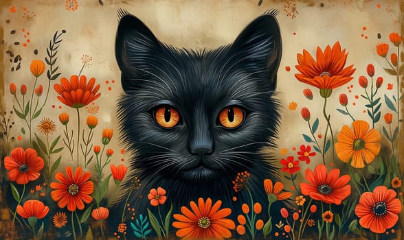 Illustration of a cat in flowers on a light background. Selective focus.