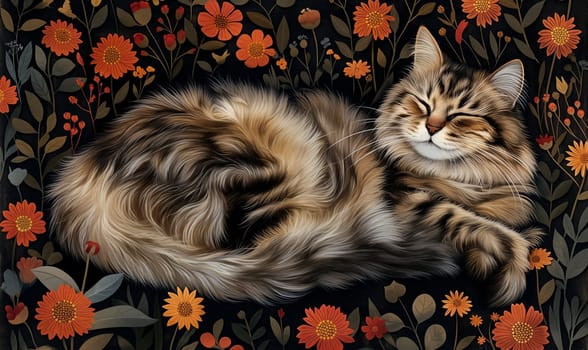 Illustration of a cat in flowers on a dark background. Selective focus.