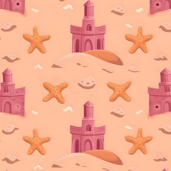 Patterns and banners backgrounds: Seamless pattern with sand castle and starfishes in cartoon style