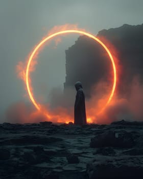 At dusk, a person stands in front of a circle of fiery heat, surrounded by the atmospheric glow of the sunset sky. The fiery circle represents a geological phenomenon, creating a mesmerizing event