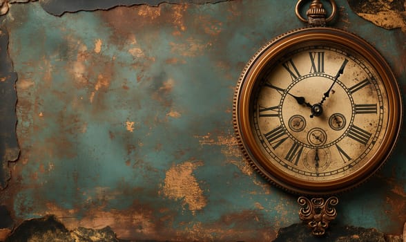 Clock on a vintage background with space for text. Selective focus.