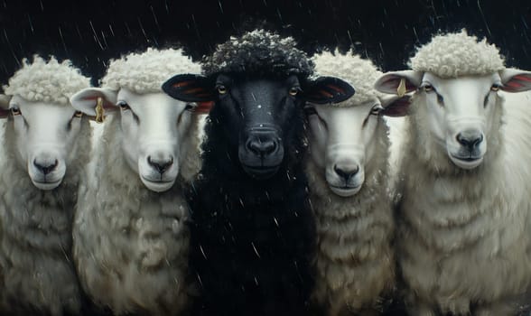 A black sheep among white sheep in a herd. Selective focus.