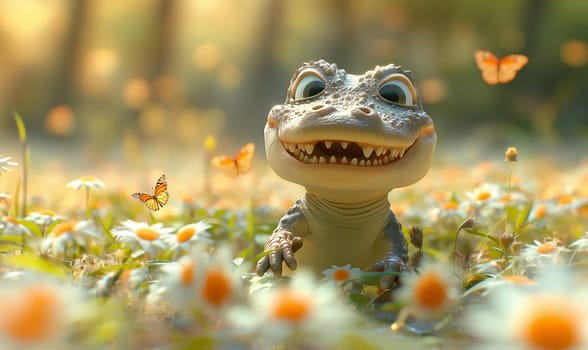 Children's illustration, a crocodile catches butterflies. Selective soft focus.