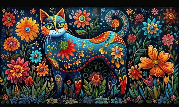 Illustration of a cat in flowers on a dark background. Selective focus.