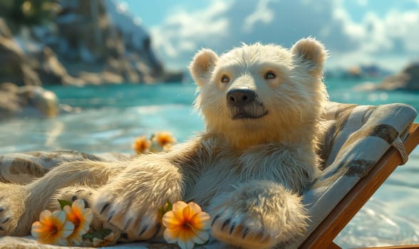 Children's illustration, a polar bear sunbathing on a sunbed. Selective soft focus.