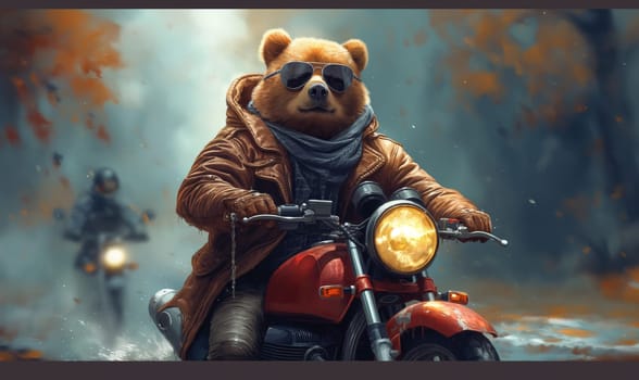 Children's illustration, a bear in sunglasses on a motorcycle. Selective soft focus.