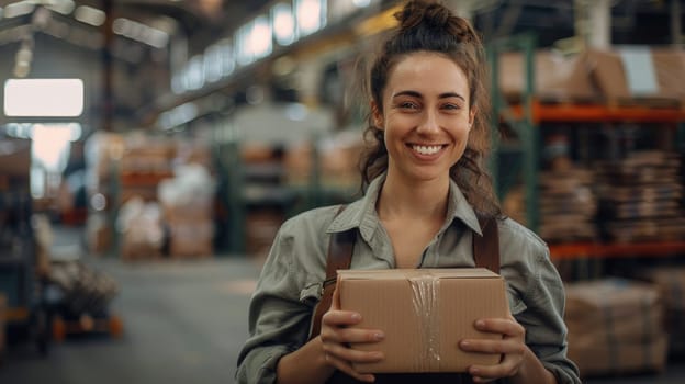 A professional businesswoman is holding a box inside a factory.