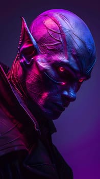 A closeup shot of a human body with bloodshot red eyes set against a purple background, evoking a surreal and mysterious atmosphere in shades of violet, magenta, and electric blue