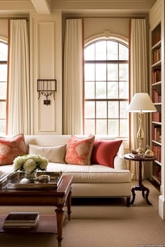 Elegant interior design, home decor, sitting room and living room, sofa and furniture in English country house, modern classic interiors