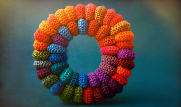 Knitted colored letter O on an abstract background. Selective focus.
