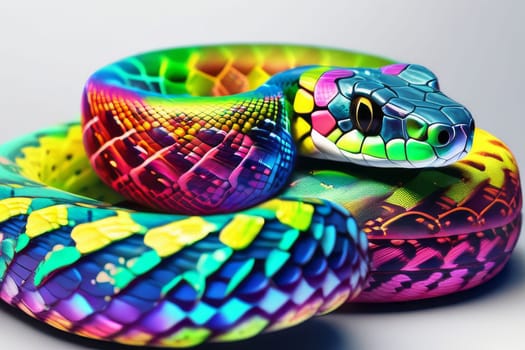 Bright snake in LGBT rainbow colors on a white background.