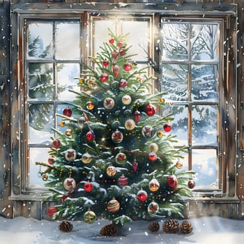 A holiday ornament depicting a Christmas tree with larch branches and festive Christmas ornaments in front of a window