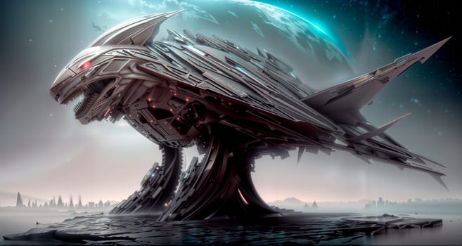 Futuristic ship in the form of a beast of prey against the background of a giant planet in the background, concept art, space art. Generative AI