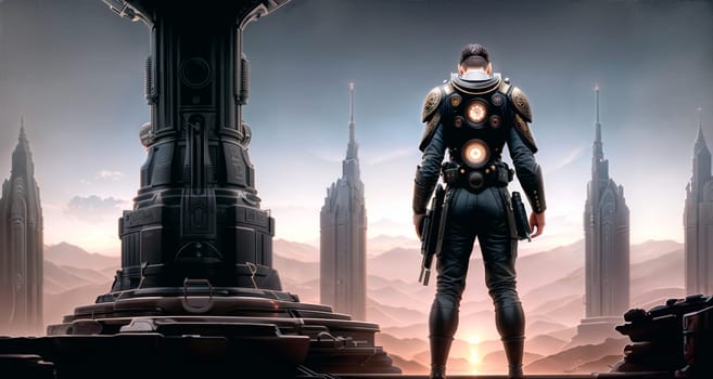 a man standing in front of a giant tower in a futuristic city with a futuristic suit on his body. Generative AI