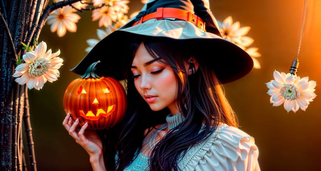 Halloween holiday. A woman in a witch costume and cap holds a pumpkin in front of her. with white flowers on the background, fantasy art. Generative AI