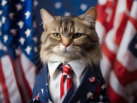 Serious cat in a suit against the background of the US flag. US Independence Day.