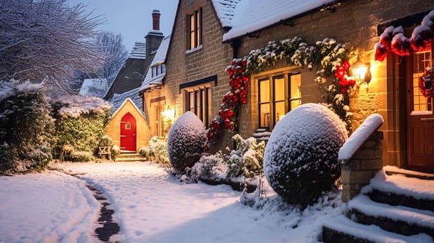 Christmas in the countryside, cottage and garden decorated for holidays on a snowy winter evening with snow and holiday lights, English country styling inspiration