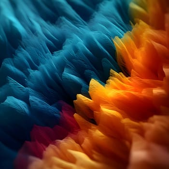 Colorful orange and blue feathers form a visually captivating abstract background wallpaper, evoking a sense of vibrancy and texture.
