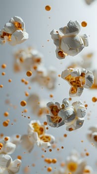 Petalshaped popcorn kernels are cascading through the air, resembling fluid droplets in a macro photography shot on a white background