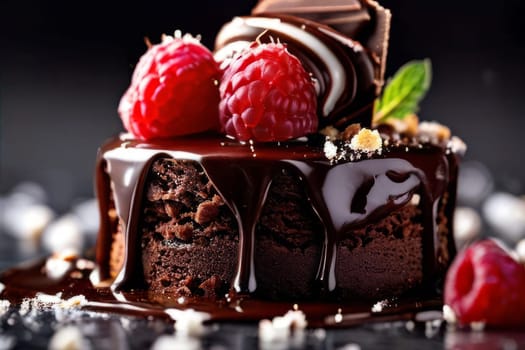 Decadent chocolate cake adorned with fresh raspberries, drizzled with rich chocolate sauce, perfect combination of sweet, tart flavors. For advertise cafe, patisserie, restaurant, food blog, cookbook