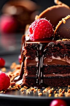 Decadent chocolate cake adorned with fresh raspberries, drizzled with rich chocolate sauce, perfect combination of sweet, tart flavors. For advertise cafe, patisserie, restaurant, food blog, cookbook