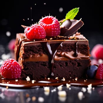 Decadent chocolate cake adorned with fresh raspberries, drizzled with rich chocolate sauce, perfect combination of sweet, tart flavors. For advertise cafe, patisserie, restaurant, food blog, cookbook