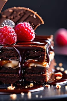 Decadent chocolate cake adorned with fresh raspberries, drizzled with rich chocolate sauce, perfect combination of sweet, tart flavors. For advertise cafe, patisserie, restaurant, food blog, cookbook