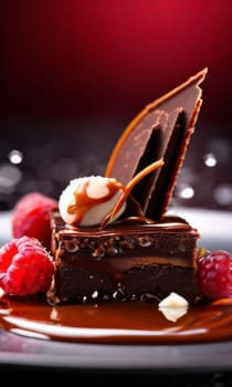 Decadent chocolate cake adorned with fresh raspberries, drizzled with rich chocolate sauce, perfect combination of sweet, tart flavors. For advertise cafe, patisserie, restaurant, food blog, cookbook