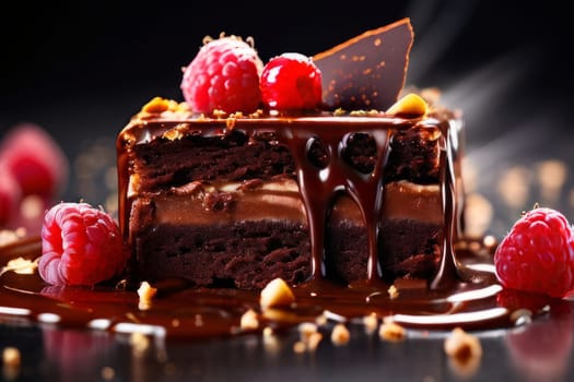 Decadent chocolate cake adorned with fresh raspberries, drizzled with rich chocolate sauce, perfect combination of sweet, tart flavors. For advertise cafe, patisserie, restaurant, food blog, cookbook