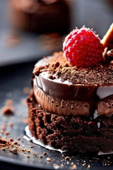 Decadent chocolate cake adorned with fresh raspberries, drizzled with rich chocolate sauce, perfect combination of sweet, tart flavors. For advertise cafe, patisserie, restaurant, food blog, cookbook