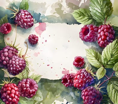 A watercolor painting of boysenberries and leaves on paper, showcasing the beauty of natural foods like berries. The vibrant colors capture the essence of this seedless fruit and plant art