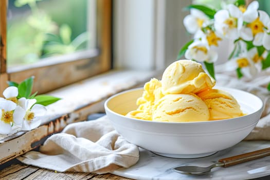 Balls of delicious mango ice cream lie in a white bowl on a table with a marble surface.