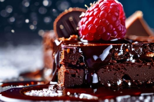 Decadent chocolate cake adorned with fresh raspberries, drizzled with rich chocolate sauce, perfect combination of sweet, tart flavors. For advertise cafe, patisserie, restaurant, food blog, cookbook