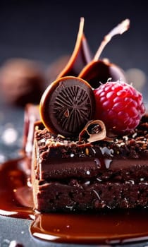 Decadent chocolate cake adorned with fresh raspberries, drizzled with rich chocolate sauce, perfect combination of sweet, tart flavors. For advertise cafe, patisserie, restaurant, food blog, cookbook