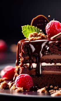 Decadent chocolate cake adorned with fresh raspberries, drizzled with rich chocolate sauce, perfect combination of sweet, tart flavors. For advertise cafe, patisserie, restaurant, food blog, cookbook