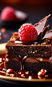 Decadent chocolate cake adorned with fresh raspberries, drizzled with rich chocolate sauce, perfect combination of sweet, tart flavors. For advertise cafe, patisserie, restaurant, food blog, cookbook