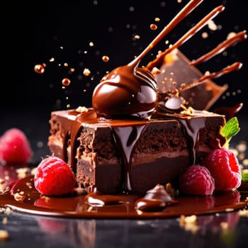 Decadent chocolate cake adorned with fresh raspberries, drizzled with rich chocolate sauce, perfect combination of sweet, tart flavors. For advertise cafe, patisserie, restaurant, food blog, cookbook