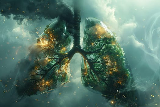 A fantasy view of human lungs in the form of trees in clouds of acrid smoke. Concept of healthy lungs and clean planet.