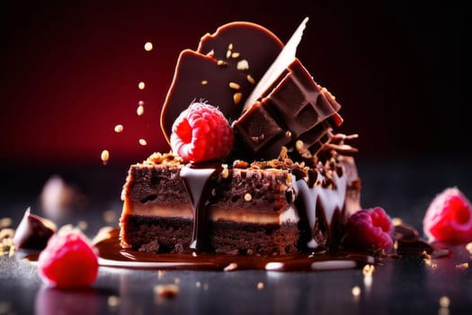 Decadent chocolate cake adorned with fresh raspberries, drizzled with rich chocolate sauce, perfect combination of sweet, tart flavors. For advertise cafe, patisserie, restaurant, food blog, cookbook