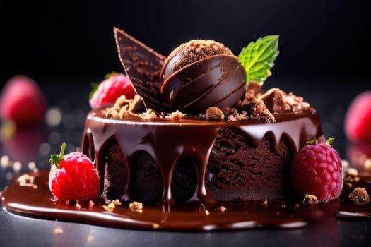 Decadent chocolate cake adorned with fresh raspberries, drizzled with rich chocolate sauce, perfect combination of sweet, tart flavors. For advertise cafe, patisserie, restaurant, food blog, cookbook